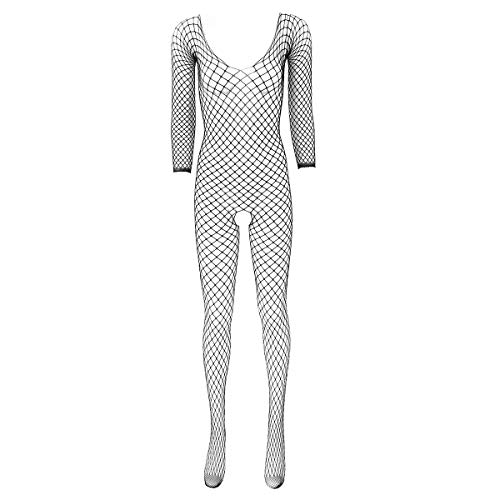 dPois Damen Netz Strümpfe Body Einteiler Overall Bodystocking Nylon Strumpfhosen mit Fuß Ganzkörper Anzug Sexy Dessous Lingerie Nachtwäsche Reizwäsche Schwarz One Size von dPois