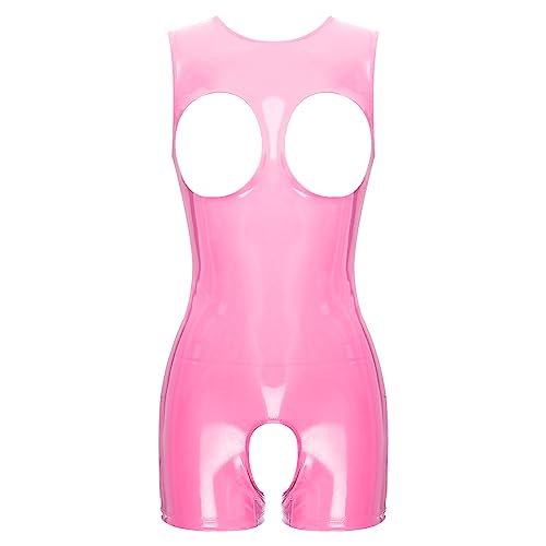 dPois Damen Ouvert Bodysuit Dessous Offen Brust Einteiler Body Sexy Lack Leder Lingerie Reizwäsche Wetlook Unterwäsche Clubwear Rosa_J 3XL von dPois