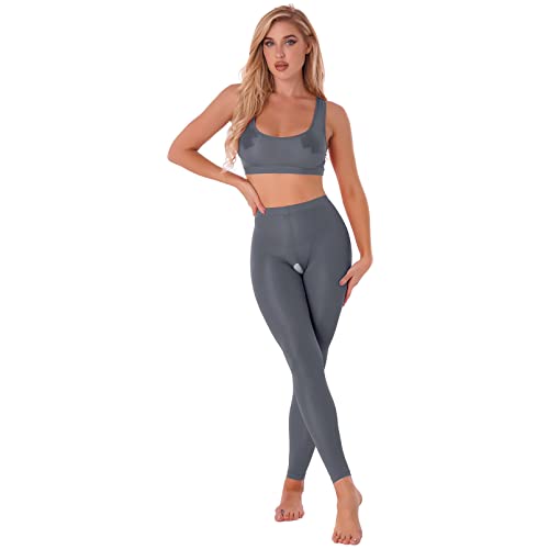 dPois Damen Ouvert Dessous Sexy Nachtwäsche Durchsichtige Tank Top Bustier mit Ouvert Leggings Offen Schritt Unterhose Erotische Unterwäsche Lingerie Grau One Size von dPois