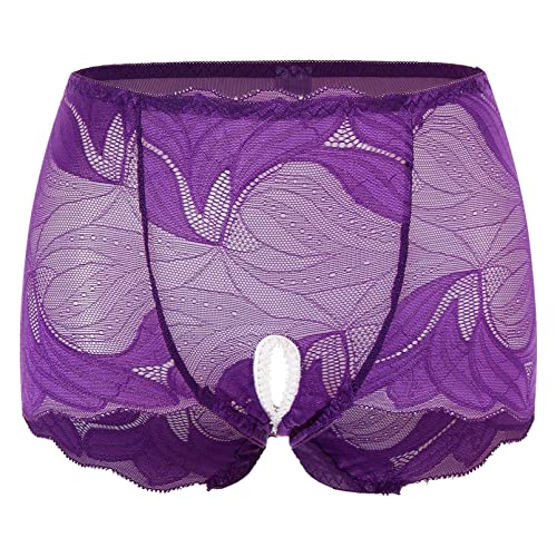 dPois Damen Ouvert Slip Schritt Offen Spitze Unterhose Höschen Transparent Hipster Panties Hohe Taille Sexy Unterwäsche Dessous Reizwäsche Violett_C XXL von dPois