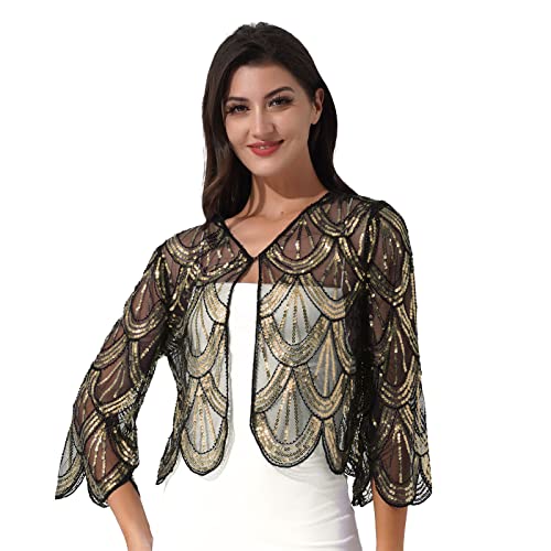 dPois Damen Pailletten Bolero Schal Cape 1920er Umhang Schulterjacke Achselzucken Stola für Kleid Partykleid Abendkleid Flapper Accessoires Gold One Size von dPois