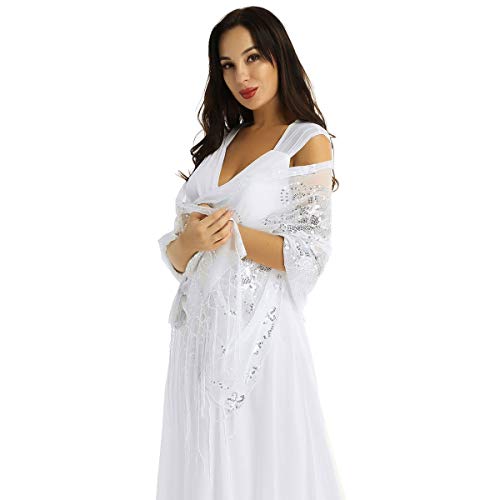 dPois Damen Pailletten Umschlagtuch Stola Schal Wraps mit Quasten Blumen Muster Festlich Cover up für Party Hochzeit Abend Weiß One Size von dPois