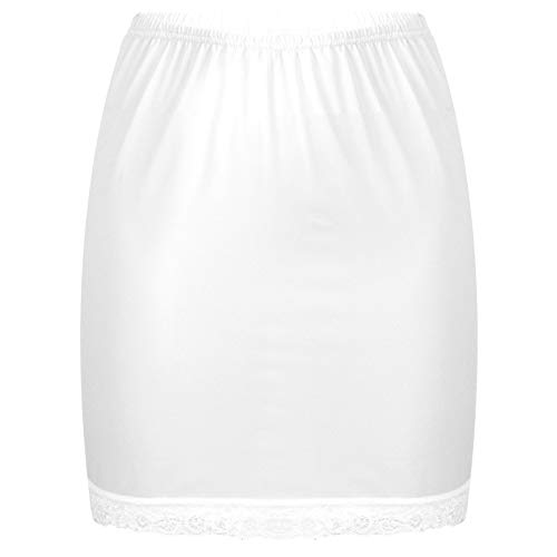 dPois Damen Petticoat Unterrock Halb Slip Halbrock Skirt Kurz Slim Fit mit Spitzen Besatz Unterwäsche Blickdicht für Casual Büro Arbeit Weiß OneSize von dPois