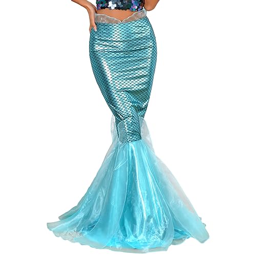 dPois Damen Rock Bodenlang Maxirock Pailletten Kleid Party Kleid Meerjungfrau Kostüm Fischschuppen Kleid für Halloween Karneval Weihnachten Party Cosplay Blau D S von dPois