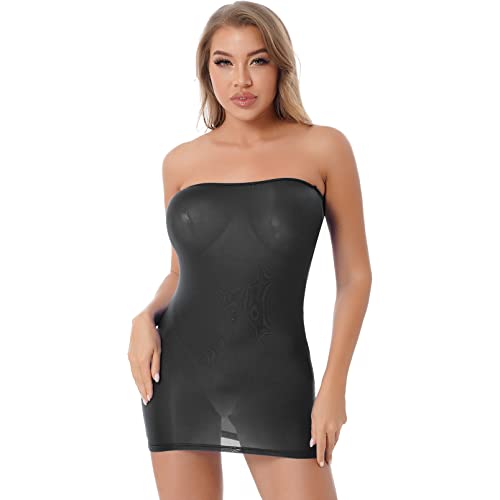 dPois Damen Schlauchkleid Mini Kleid Bodycon mit doppelseitiger Reißverschluss Halb-durchsichtig Schluterfrei Babydoll Nachtewäsche Sexy Ohne Zipper_Schwarz One Size von dPois