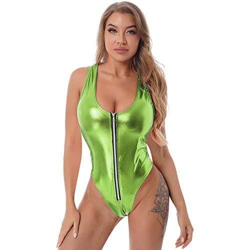 dPois Damen Sexy Glänzende Bodysuit Einteiler Body Stringbody mit Reißverschluss Unterhemd Overall Metallische Unterwäsche Dessous Clubwear Fluorescent Grün One Size von dPois