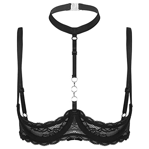 dPois Damen Sexy Hebe BH Offen Brust Spitze Ouvert Push Up Neckholder Top Oberteil Büstenhebe Dessous Lingerie Unterwäsche Erotik Reizwäsche Schwarz_E 5XL von dPois