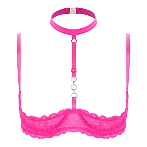 dPois Damen Sexy Hebe BH Offen Brust Spitze Ouvert Push Up Neckholder Top Oberteil Büstenhebe Dessous Lingerie Unterwäsche Erotik Reizwäsche Hot Pink_E M von dPois