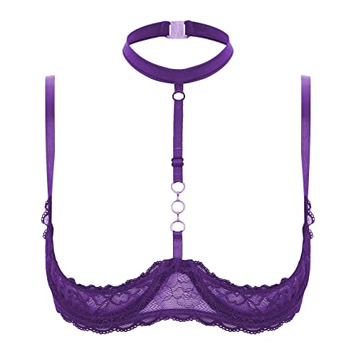 dPois Damen Sexy Hebe BH Offen Brust Spitze Ouvert Push Up Neckholder Top Oberteil Büstenhebe Dessous Lingerie Unterwäsche Erotik Reizwäsche Violett_E L von dPois