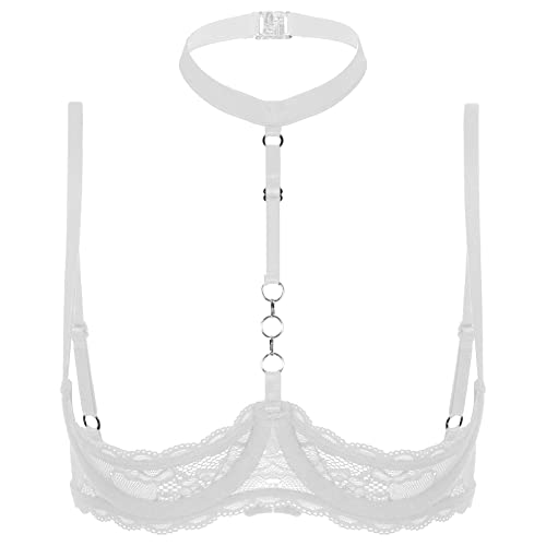 dPois Damen Sexy Hebe BH Offen Brust Spitze Ouvert Push Up Neckholder Top Oberteil Büstenhebe Dessous Lingerie Unterwäsche Erotik Reizwäsche Weiß_E M von dPois