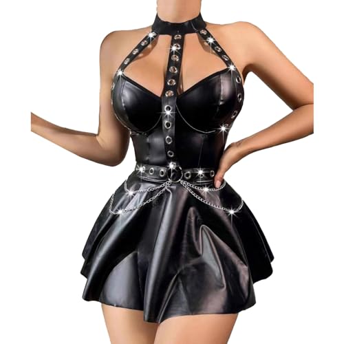 dPois Damen Sexy Kleid Rock Bodycon Wetlook Korsett Kleid aus Lack Leder mit Reißverschluss Faltenrock Party Club Kostüm Schwarz Schwarz_D S von dPois