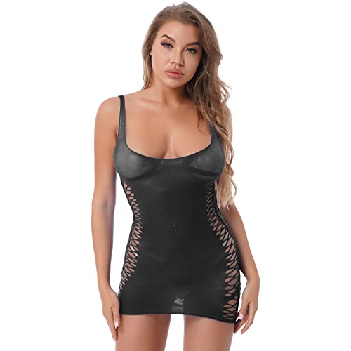 dPois Damen Sexy Minikleider Mesh Netzkleid Ämrellos Transparent Babydoll Bodycon Kleid mit U-Ausschnitt Erotische Nachtwäsche Negligee A Schwarz One Size von dPois