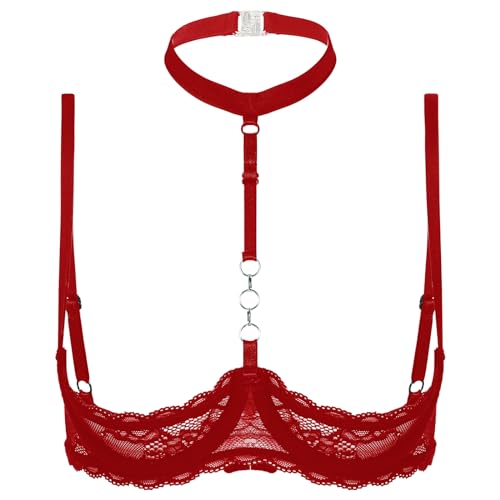 dPois Damen Spitze BH mit Bügel Push Up Hebe BH Offen Brust Neckholder Oberteil 1/4 Körbchen Bra Ouvert Dessous Unterwäsche Rot XXL von dPois