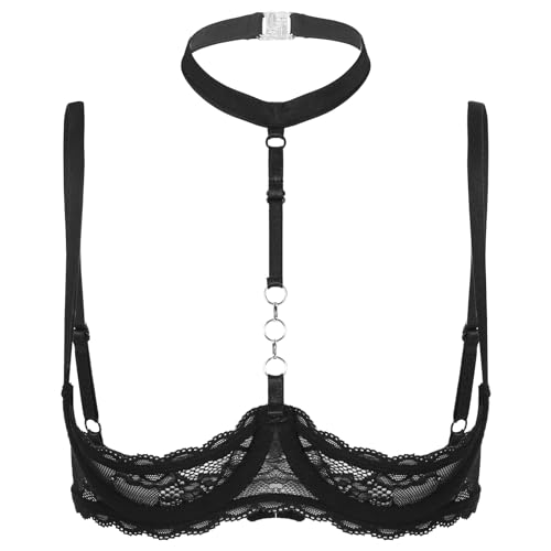 dPois Damen Spitze BH mit Bügel Push Up Hebe BH Offen Brust Neckholder Oberteil 1/4 Körbchen Bra Ouvert Dessous Unterwäsche Schwarz 3XL von dPois