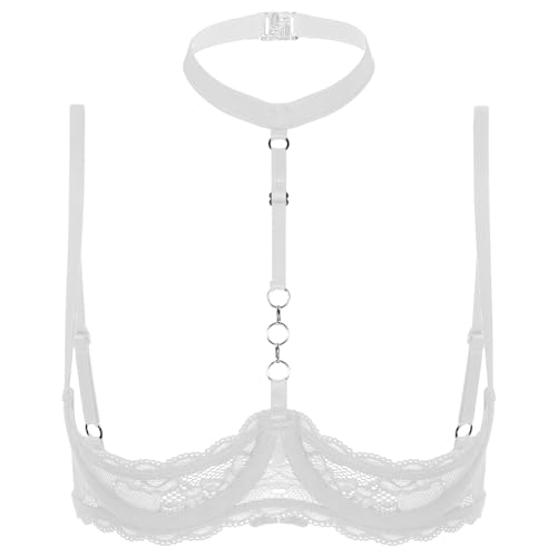 dPois Damen Spitze BH mit Bügel Push Up Hebe BH Offen Brust Neckholder Oberteil 1/4 Körbchen Bra Ouvert Dessous Unterwäsche Weiß L von dPois