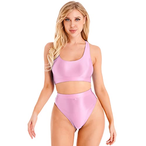 dPois Damen Sport Bikini Unterwäsche Set Bustier Tank Top Sport BH mit String Tanga Höschen Hipster Nylon Dessous Stretch Fitness Yoga Outfit Mit String_Rosa XL von dPois