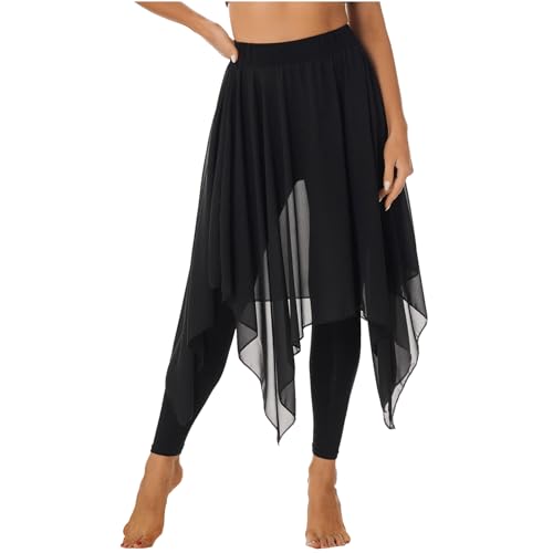 dPois Damen Sport Leggings mit Chiffon Lang Sport Hose mit Asymmetrische Rock Wrap Skirt Wickelrock Frauen Hosenrock Yoga Ballett Latein Salsa Tango Rock Dancewear A Schwarz L von dPois