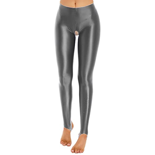 dPois Damen Strumpfhose Offen Schritt Sexy Leggings mit Steg Skinny Tights Pantyhose Hohe Taille Leggins Glänzend Unterwäsche Dessous Stretch B Dunkel Grau mit Steg L von dPois