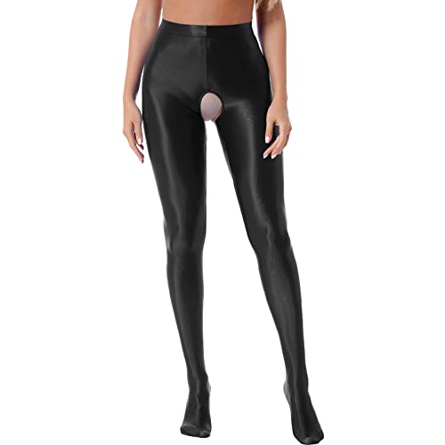 dPois Damen Strumpfhose Ouvert schritt offen Sexy Lange Unterhose Stocking Leggings Nylon Strümpfe Tights Glänzend Stretch Erotische Reizwäsche Schwarz XL von dPois