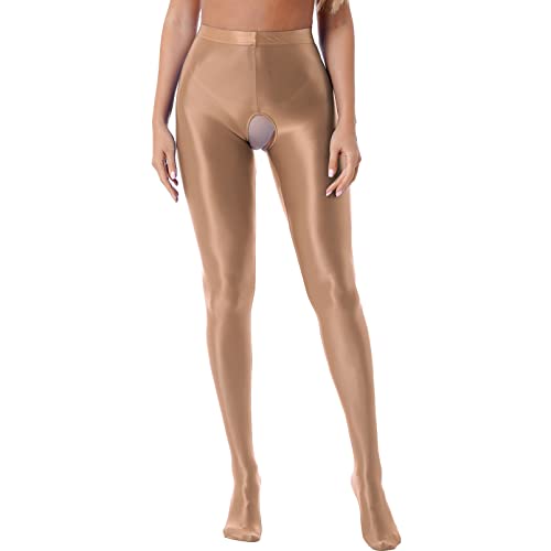dPois Damen Strumpfhose Ouvert Schritt offen Sexy Lange Unterhose Stocking Leggings Nylon Strümpfe Tights Glänzend Stretch Erotische Reizwäsche Braun XXL von dPois