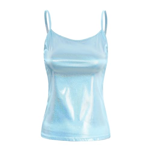dPois Damen Metallic Tank Top Lang Shirt Ärmellos T-Shirt Crop Top Unterhemd Camisole Lack Leder Glänzend Oberteile Trägertop Sommer Festival Clubwear Hellblau XL von dPois