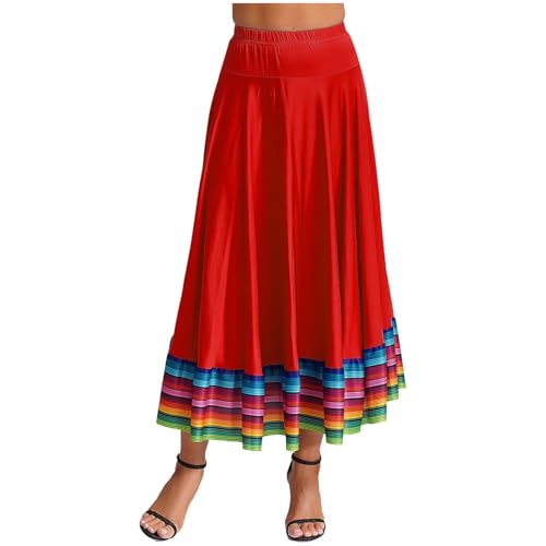 dPois Damen Tanzrock Lang Maxi Bauchtanz Flamenco Rock High Waist Swing Rock Bauchtanz Standard Tanz Performance Kostüm B Rot_87cm 5XL von dPois