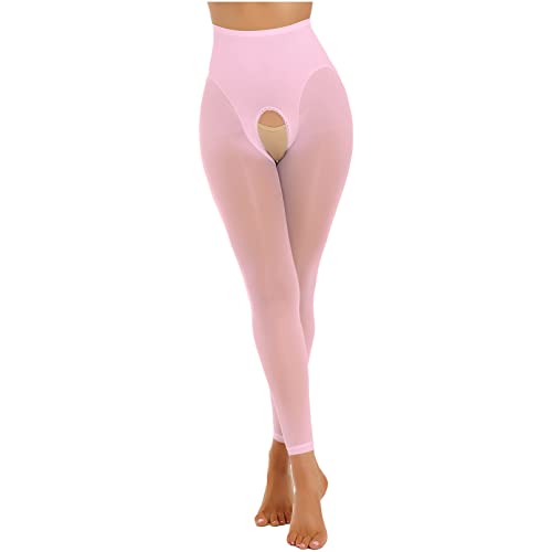 dPois Damen Transparent Strumpfhose Schritt Offen Sexy Nylon Strümpfe Leggigns Ohne Füße Hohe Taille Ouvert Dessous Unterwäsche Stretch Typ A Rosa Einheitsgröße von dPois