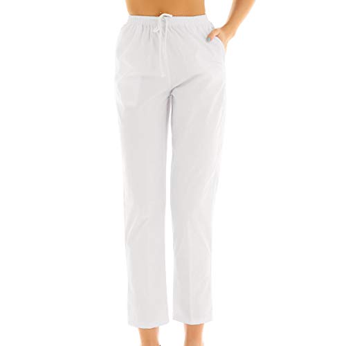dPois Damen Weiße Schlupfhose OP-Hose Medizinische Uniform Hose aus Baumwolle Gummibund mit Zwei Seitentaschen Pflegerhose atmungsaktiv Weiß Small von dPois