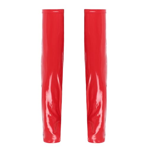 dPois Damen Wetlook Handstulpen Lang Fingerlos Handschuhe Lackleder Manchetten Cuffs Gothic Punk Zubehör Clubwear Rot Einheitsgröße von dPois