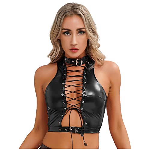 dPois Damen Wetlook Korsett Top Sexy Tank Top Bustier Leibchen Ärmellos Shirt Bauchfrei mit Schnürung Lack Leder Dessous Unterwäsche Party Nachtclub Kostüm Schwarz G XL von dPois