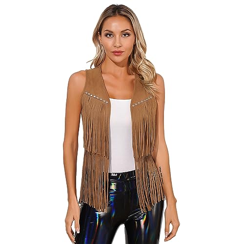 dPois Damen Wildleder Weste mit Fransen Ärmellos Jacke Cardigan Ethnisch Weste Vest Vintage 70er 80er Hippie Kostüm Halloween Fasching Braun M von dPois