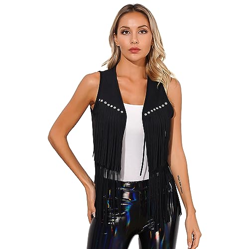 dPois Damen Wildleder Weste mit Fransen Ärmellos Jacke Cardigan Ethnisch Weste Vest Vintage 70er 80er Hippie Kostüm Halloween Fasching Schwarz M von dPois