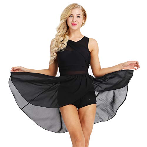 dPois Frauen Ballettanzug Ärmellos Tanz Ballett Trikot Chiffon Tanzkleid mit Asymmetrisch Rock Damen Turnanzug Ballett Tanz Leotard Latein Salsa Kleid Schwarz L von dPois