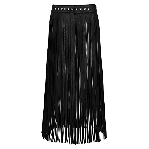 dPois Frauen Fransen Rock Lang Leder Rock Bund Fringe Tassel Rock Damenrock Quaste Skirt Hip Hop Punk Rock Clubwear Tanzrock Party Club in Schwarz, Beige Schwarz Large von dPois