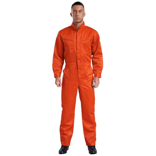 dPois Herren Arbeitsoverall Baumwolle Einteiler Jumpsuit Ganzkörperanzug Arbeitsanzug mit Taschen Erwachsehe Arbeitskleidung für BAU Werkstatt Orange XL von dPois