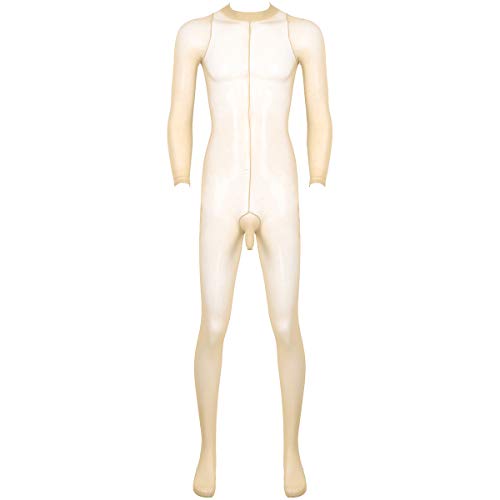 dPois Herren Sexy Transparent Body Einteiler Overall Bodystockings Nylon Strumpfhose Ganzkörper mit offener Penishülle Dessous Reizwäsche Beige OneSize von dPois