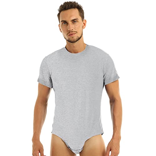 dPois Herren Bodysuit Baumwolle Einteiler Body Kurzarm Unterhemd Shirts Pyjamas mit Druckknöpfen Slim Fit Erwachsene Nachtwäsche Casual Grau 3XL von dPois