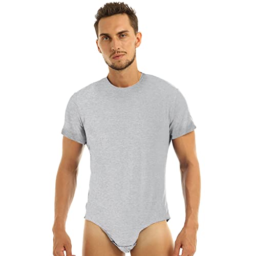 dPois Herren Bodysuit Baumwolle Einteiler Body Kurzarm Unterhemd Shirts Pyjamas mit Druckknöpfen Slim Fit Erwachsene Nachtwäsche Casual Grau XL von dPois