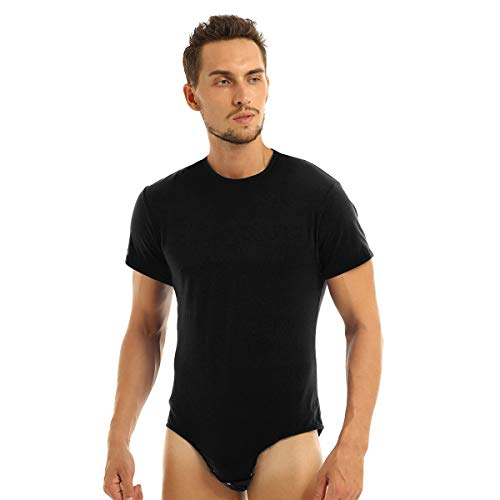 dPois Herren Bodysuit Baumwolle Einteiler Body Kurzarm Unterhemd Shirts Pyjamas mit Druckknöpfen Slim Fit Erwachsene Nachtwäsche Casual Schwarz 3XL von dPois
