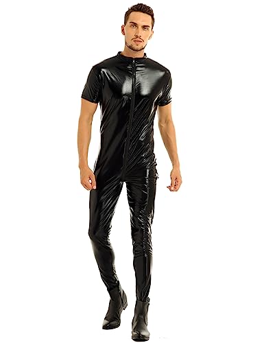 dPois Herren Bodysuit Ganzkörperanzug Wetlook Unterhemd Jumpsuit Kunstleder Overall Sportwear Sportbody Catsuit Clubwear Nachtwäsche Schwarz Schwarz Medium von dPois