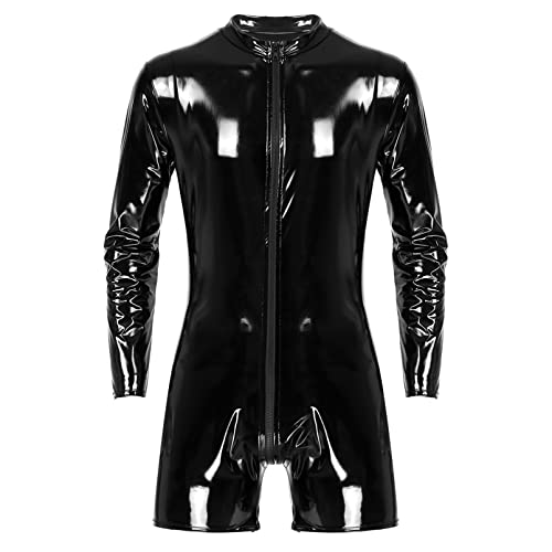 dPois Herren Bodysuit PU Leder Body Ganzkörper Anzug Bodysuit Wetlook Overalls Glänzend Herrenbody Männer Dessous Unterhemd Sportwear Sportbody Clubwear Schwarz_B 4XL von dPois