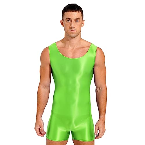 dPois Herren Einteiler Body Kurz Jumpsuit Bodysuit Ärmellos Sportbody Unterhemd mit U-Ausschnitt Stretch Männer Gym Fitness Training Outfit Neon Grün XL von dPois