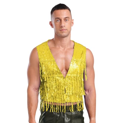 dPois Herren Giltzer Weste Ärmellos Jacke mit Quasten Fransen Kurz Anzugweste Oberteil Disco Karneval Tanz Party Outfit Gold XXL von dPois