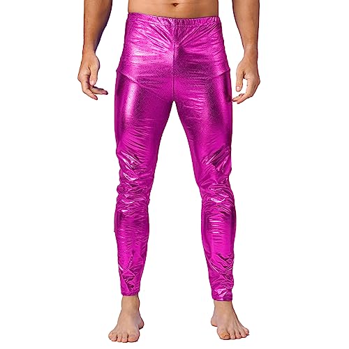 dPois Herren Glänzend Leggings Sexy Slim Fit Leggins Skinny Tights Lange Hose Stretch Männer Halloween Disco Tanz Kostüm Party Clubwear Hot Pink M von dPois