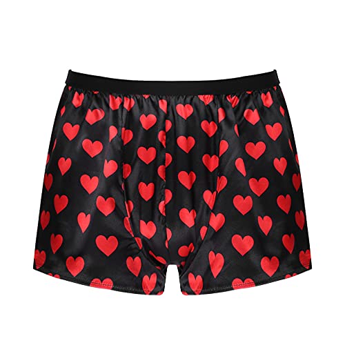 dPois Herren Glänzend Satin Boxershorts Boxer Briefs Panties Höschen Unterhosen Trunk Kurze Schlafanzughose Männer Nachtwäsche Schwarz mit Herzchen Muster M von dPois
