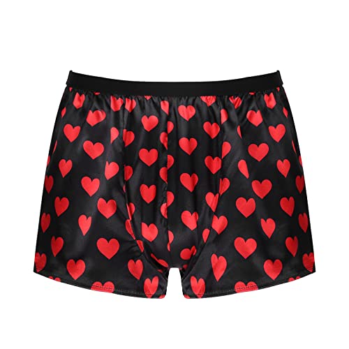 dPois Herren Glänzend Satin Boxershorts Boxer Briefs Panties Männer Höschen Unterhosen Trunk Kurze Schlafanzughose Nachtwäsche Schwarz mit Herzchen Muster 3XL von dPois