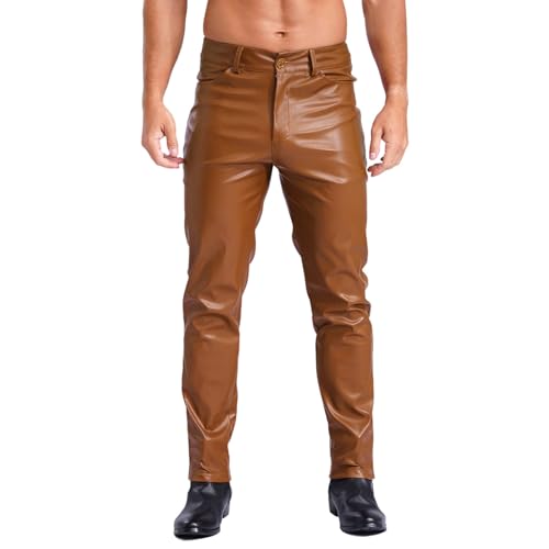 dPois Herren Kunstleder Hose Lang Pants Motorradhose Bikerhose Slim Fit Leggings Festival Rave Gothic Punk Kleidung Braun XL von dPois