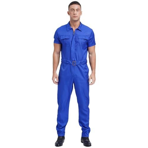 dPois Herren Kurzarm Arbeitsoverall Einteiler Jumpsuit Overall Lang Latzhose mit Gürtel Arbeitskleidung für Werkstatt Blaumann Blau L von dPois