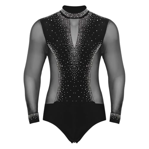 dPois Herren Latein Tanz Oberteil Tanzhemd Langarm Bodysuit Hemdbody Glitzer Jazz Tango Salsa Ballsaal Outfits Tanzkostüm Schwarz S von dPois