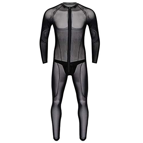 dPois Herren Mesh Body Jumpsuit Overall Ganzanzug mit String Unterwäsche Zipper Nachthemd Langarm Durchsichtig für Sport Party Club Schwarz XXL von dPois